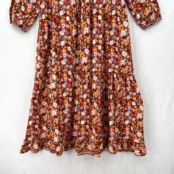 LACAUSA Berkeley Ruffle Midi Dress Womens XS Burnt Orange Floral Balloon Sleeves - Picture 9 of 16